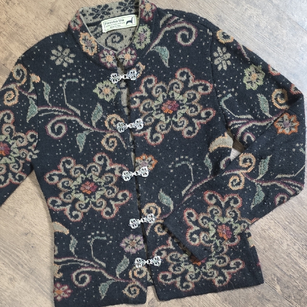 PERUVIAN‎ LINK Alpaca Black Floral Knit Cardigan Sz S
